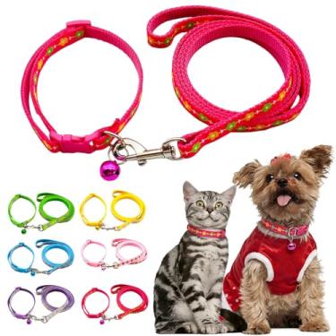 Imagem de Conjunto de coleira de cachorro com sino e trela, coleiras de nylon para filhotes, coleiras de gatinho para meninas para gatos pequenos, rosa choque