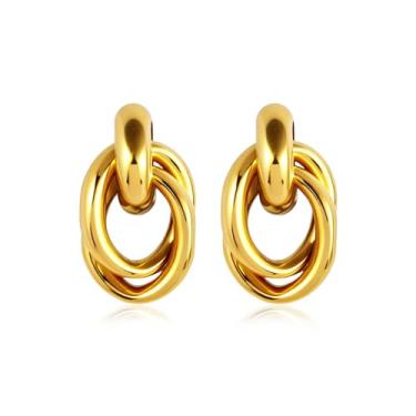 Imagem de ANGLEQUEEN Brincos de ouro grosso para mulheres 14K banhado a ouro 14 quilates brincos de argola de nó redondo brinco de declaração de ouro vintage brinco de gota brinco joia moderna presente para