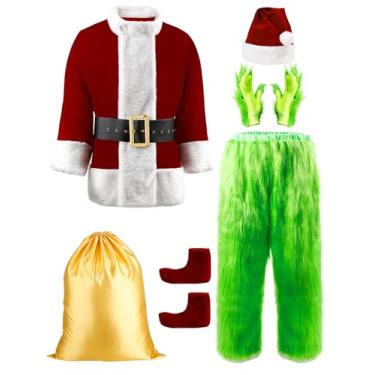 Imagem de PrettyFirst Fantasia de Halloween para adultos, verde, 8 peças, fantasia de Papai Noel de Natal para homens, fantasia cosplay com máscara, Verde, M