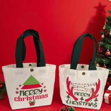 Imagem de 1 bolsa ecológica para presente de Natal – Impressão frente e verso reutilizável com cordão de algodão, lembrancinhas sustentáveis de festa de fim de ano para celebração sem desperdício – Verde
