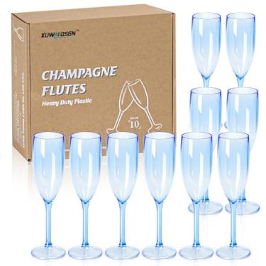 Imagem de XUWAIDSGN 10 peças taças de champanhe taças de vinho de plástico vintage taças de champanhe mimosa taças de bar com haste 153 g para Natal, aniversário, casamento, noiva (10, azul claro)