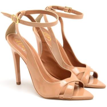 Imagem de Sandália Salto Alto Bico Folha Verniz Nude Ella's, 35, Feminino, Nude