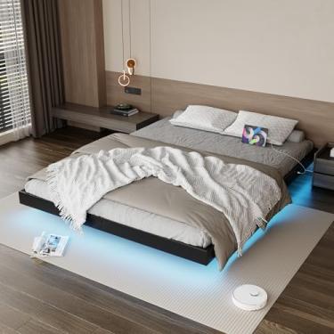 Imagem de Muluflower Estrutura de cama flutuante tamanho completo com luzes LED e estação de carregamento, estrutura de cama de plataforma de metal PU preto, montagem fácil, sem necessidade de mola box