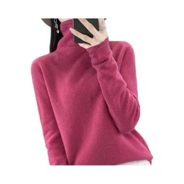 Imagem de Pulôver Elegante Feminino Em Lã Merino E Cashmere Com Gola Alta E Mang