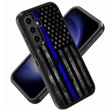 Imagem de ZXHSBROK Capa para celular Samsung Galaxy S25, capa protetora contra quedas à prova de choque de grau militar 3 camadas para Samsung Galaxy S25 5G 6,2 polegadas, linha azul fina bandeira americana