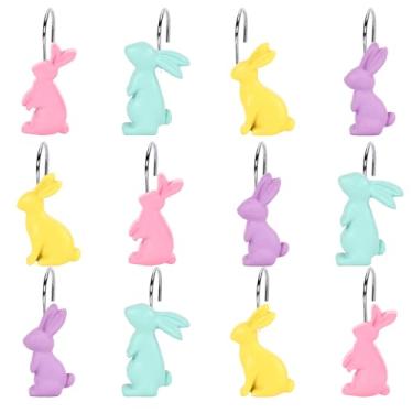 Imagem de Whaline 12 peças de ganchos de cortina de chuveiro de coelho da páscoa decorativos anéis de varão de chuveiro de resina de coelho ganchos para sala de estar, quarto, banheiro decoração