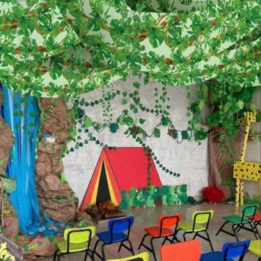 Imagem de VioraWhite 13 peças de decoração de teto com tema de selva incluem capa de luz fluorescente de videira impressa de 3,6 x 6 m, 10 peças de hera artificial folhas de folhas de safári, decoração de festa