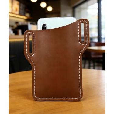 Imagem de Bolsa de couro para celular para homens e mulheres, coldre universal de couro para celular com passadores de cinto marrom