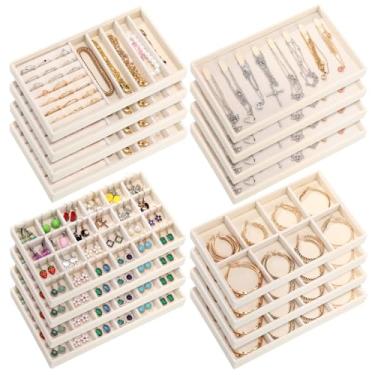 Imagem de Tondiamo 16 bandejas organizadoras de joias de veludo, 21 x 12 x 2 cm, conjunto de bandejas empilháveis de armazenamento de joias para brincos, anéis, colares e pulseiras com divisórias removíveis