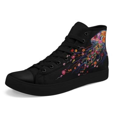 Imagem de AWSOLE Tênis feminino elegante de lona de cano alto estampado floral cogumelo presente para ela sapatos casuais rasos e leves, Preto/vermelho/laranja/rosa, 10 Women/8 Men