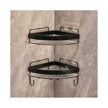 Imagem de Organizador de chuveiro, pacote com 2 suportes de chuveiro de canto com ganchos, prateleiras de chuveiro triangulares montadas na parede, organizador de chuveiro de acrílico sem perfuração com cerca