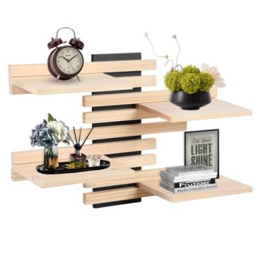 Imagem de GYHPD Prateleira de parede para pendurar em madeira – Conjunto modular de estante feito de madeira maciça – Prateleira flutuante para sala de estar, cozinha e banheiro – Decoração vintage e prateleira