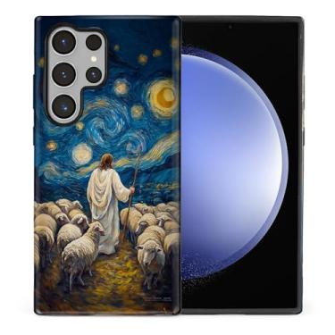 Imagem de CARLOCA Compatível com Samsung Galaxy S23 Ultra Full Body Protective Glossy Case para meninas meninos à prova de choque estética padrão branco Jesus ovelha lua estrela noite estrelada