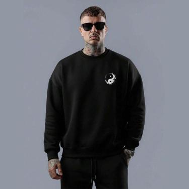 Imagem de Blusa moletom gola careca em algodão Yinyang Streetwear Moda retrô Vintage Arte Estilo-Unissex