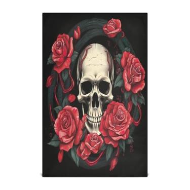 Imagem de Wassud Toalhas de cozinha caveira com rosas vermelhas panos de prato de cozinha 1 pacote panos de prato macios com laço para pendurar toalha de mão de secagem rápida super absorvente toalhas de chá de