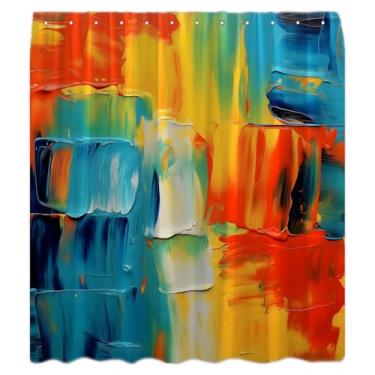 Imagem de Cortina de chuveiro azul-petróleo laranja moderna arte abstrata azul amarelo turquesa pintura a óleo estilo grunge cortina de banho com ganchos, 187 x 177 cm