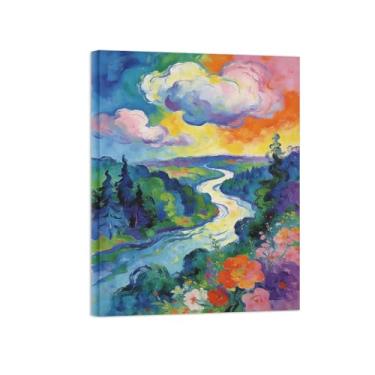 Imagem de BMZFYBS Impressão em tela de arte de parede de paisagem - nuvens floresta rio - quadros de pintura de decoração para sala de estar pronta para pendurar tela embrulhada 50 x 65 cm 20 x 26 pol