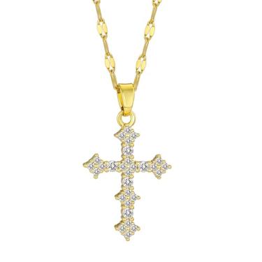 Imagem de Colar de cruz para mulheres, colar com pingente de cruz de cristal, colar feminino banhado a ouro com cruz, one size, Metal, Zircônia cúbica