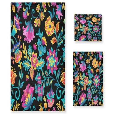 Imagem de xigua Conjunto de toalhas de banheiro de flores coloridas absorvente macio toalha de banho de 3 peças toalha de mão toalhas decorativas para banheiro, academia, hotel, praia, piscina
