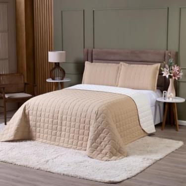 Imagem de Kit Cobre Leito Casal 3 Peças Londres Dupla Face Matelado 600 Fios Luxo Premium Toque Macio Acabamento Fino com Porta Travesseiros Cama Casal Quarto (Bege/Palha)