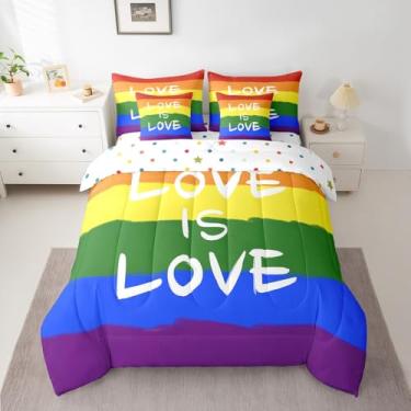 Imagem de jejeloiu Conjunto de edredom LGBT Queen com arco-íris, retângulo, 7 peças, para todas as estações, para mulheres, lésbicas, gays, transgêneros, em uma bolsa, respirável, macio, colorido, decoração de