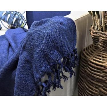 Imagem de Manta para Sofá Algodão 2,50x1,80m Artesanal Decorativa com Nós nas Pontas Capa Protetora Elegante(Azul Mesclado)