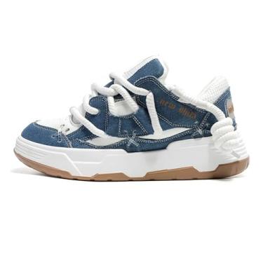 Imagem de NEW SHITA Tênis feminino de couro sintético, moderno, plataforma, grosso, leve, respirável, aumento de altura, unissex, casual, caminhada, tênis de corrida, Jeans, 9.5 Women/8 Men