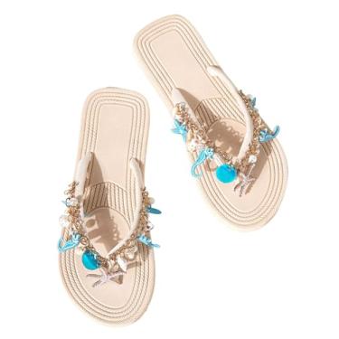 Imagem de MakeMeChic Sandália feminina com estampa de estrela do mar, verão, praia, bico aberto, boho, sandálias rasteiras, Bege e azul, 36