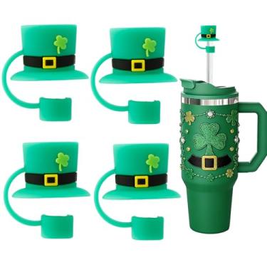 Imagem de Bchjatk Dia de São Patrício tampas de palha verde para copos, 4 peças, canudos de trevo, chapéus verdes, topos de canudos, para copo de 1,134 g, acessórios de copo de 850 g, acessórios para o dia de