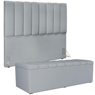 Imagem de Kit Cabeceira Cama Box Casal 140cm Com Calçadeira Recamier Baú Dália W01 Suede Cinza - Lyam Decor