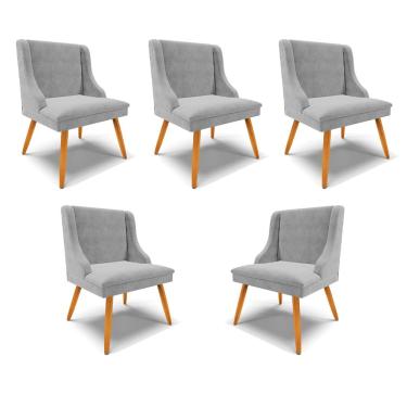 Imagem de Kit 5 Cadeiras Decorativas Sala de Jantar Pés Palito de Madeira Firenze Suede Cinza/Natural G19 - Gran Belo