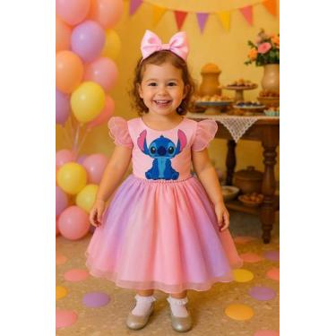 Imagem de Vestido Infantil Lilo Stitch e Angel Rosa Saia Colorida - Mali Modinha