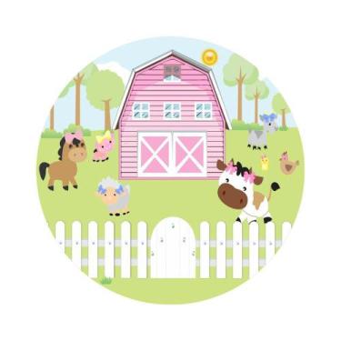 Imagem de Painel de Tecido Sublimado Redondo Fazendinha Animais e Celeiro Rosa C