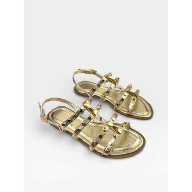 Imagem de Rasteira Af Com Tiras Strass E Tachas Dourada, Champagne, 37