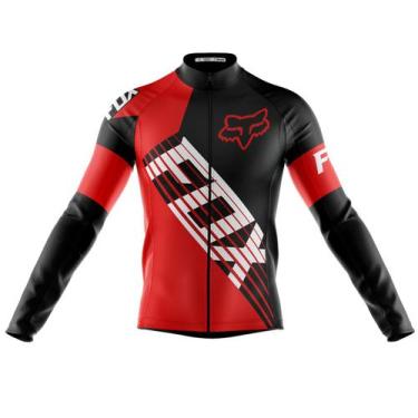 Imagem de Camisa Ciclismo Fox Vermelha Manga Longa Zíper Full Dry Fit -, Preto, 