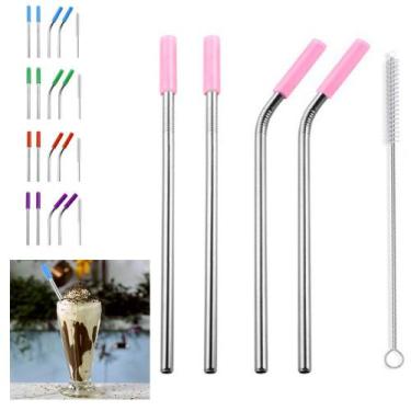 Imagem de Canudos Aço Inox Milk Shake Silicone 7mm kit 4 Reutilizaveis - AB MIDI