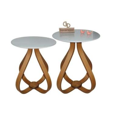 Imagem de Kit Mesa De Canto Cebola Com Vidro 50cm Off White - DECORAPER