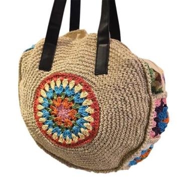 Imagem de Bolsa Artesanal Praia Forrada Redonda Crochê Grande Verão Palha - OUTR