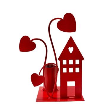 Imagem de Vaso Solitário Vidro Metal Casa Vermelho Namorados 11,5X6X15