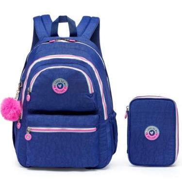 Imagem de Kit Mochila Bolsa De Costas Escolar Spector Pompom Juvenil Grande Com 