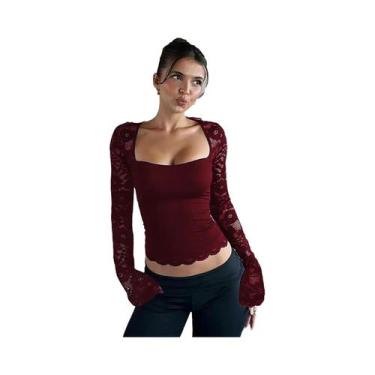 Imagem de Camiseta Cropped Feminina De Manga Longa Com Gola Quadrada, Renda E Es