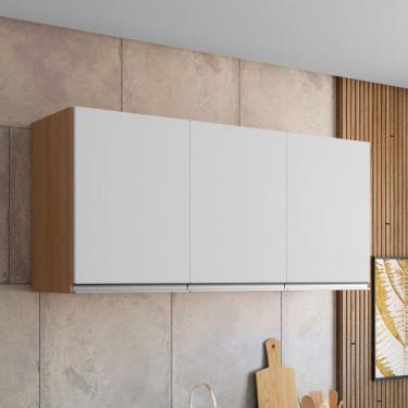 Imagem de Armário Aéreo Cozinha Andréia 120cm 3 Portas Multiuso MDP Amêndoa Bran