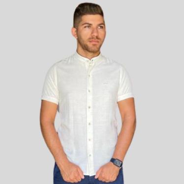Imagem de Camisa Masculina Gola de Padre No Linho e Algodão Com Botões e Colarin