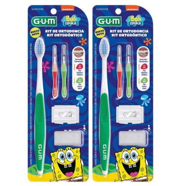 Imagem de Kit Escova de Dente Ortodôntico Gum Bob Esponja para Cuidados com Aparelho Fixo com Acessórios Kit com 2 Unidades