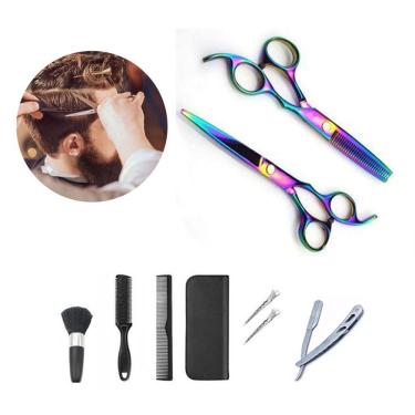 Imagem de Kit para Cortar Cabelo Tesouras Profissionais Aço Inox com Estojo e Acessórios Furta Cor e Prata