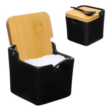 Imagem de Saleiro Porcelana 270ml com Tampa Bambu e Colher - Haüskraft