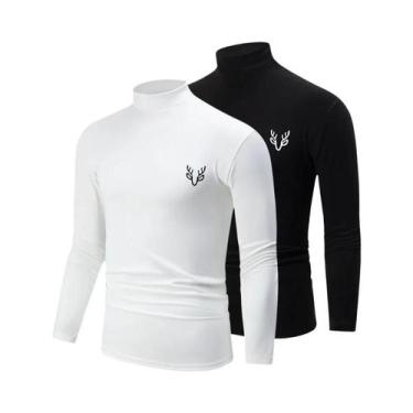 Imagem de Camiseta Masculina Branca De Manga Longa Com Gola Alta, Casual E Quent