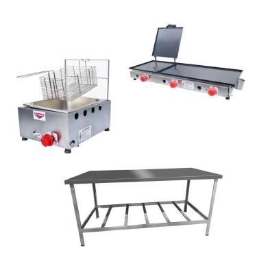 Imagem de Kit Lanchonete Mesa de Manipulação 190x70cm + Fritadeira a Gás 1 Cuba + Chapa a Gás 90cm Alcamar