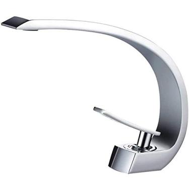 Imagem de Torneira de pia de banheiro de manípulo único de latão estilo moderno, torneiras de lavatório, bico curvo longo torneira misturadora de alavanca única, torneira de latão (branco) Home Essentials