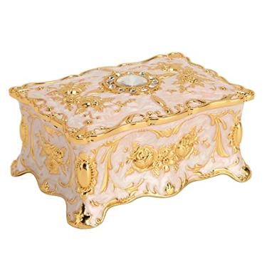 Imagem de Caixa de Joias de Metal Vintage Pequena Caixa de Armazenamento de Joias de Bugiganga, Caixa de Joias Retangular Vintage Caixa de Tesouro Caixa de baú de Joias Caixa Decorativa Presente para Mulheres (Branco Dourado)